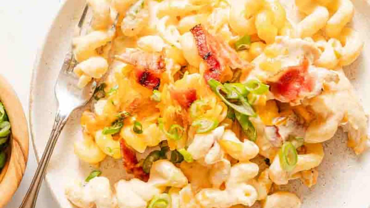 A serving of chicken bacon pasta bake