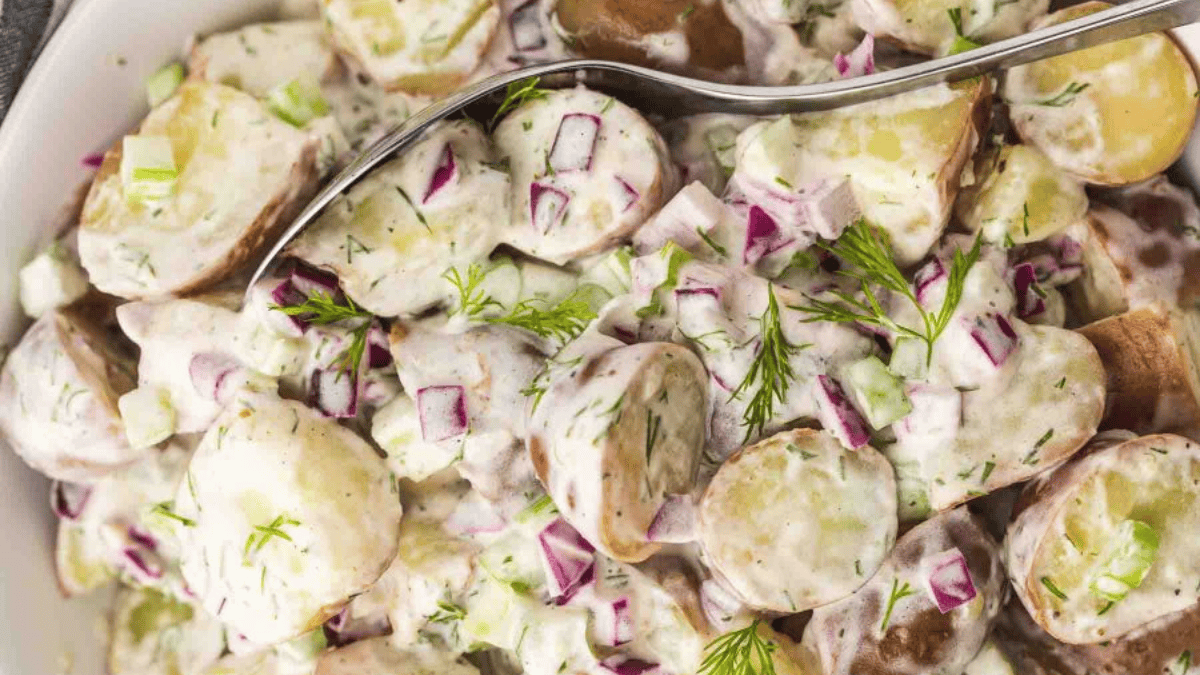 A serving of creamy dill red potato salad.