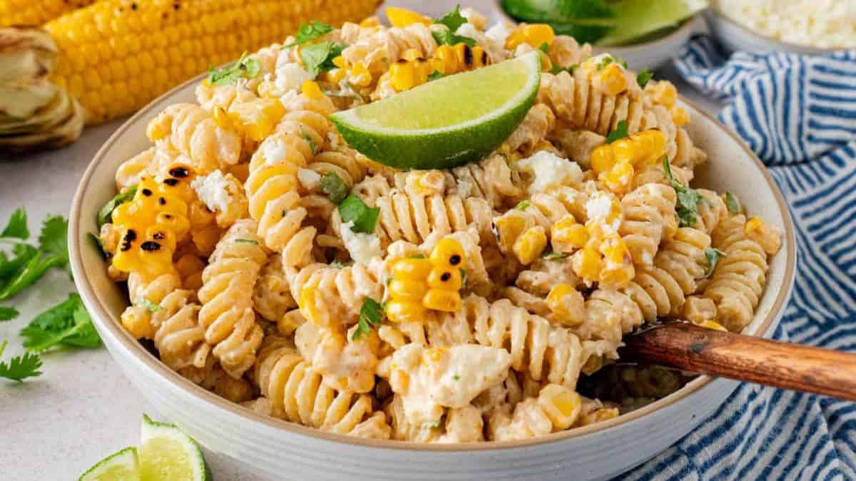A bowl of Elote inspired creamy street corn pasta salad.