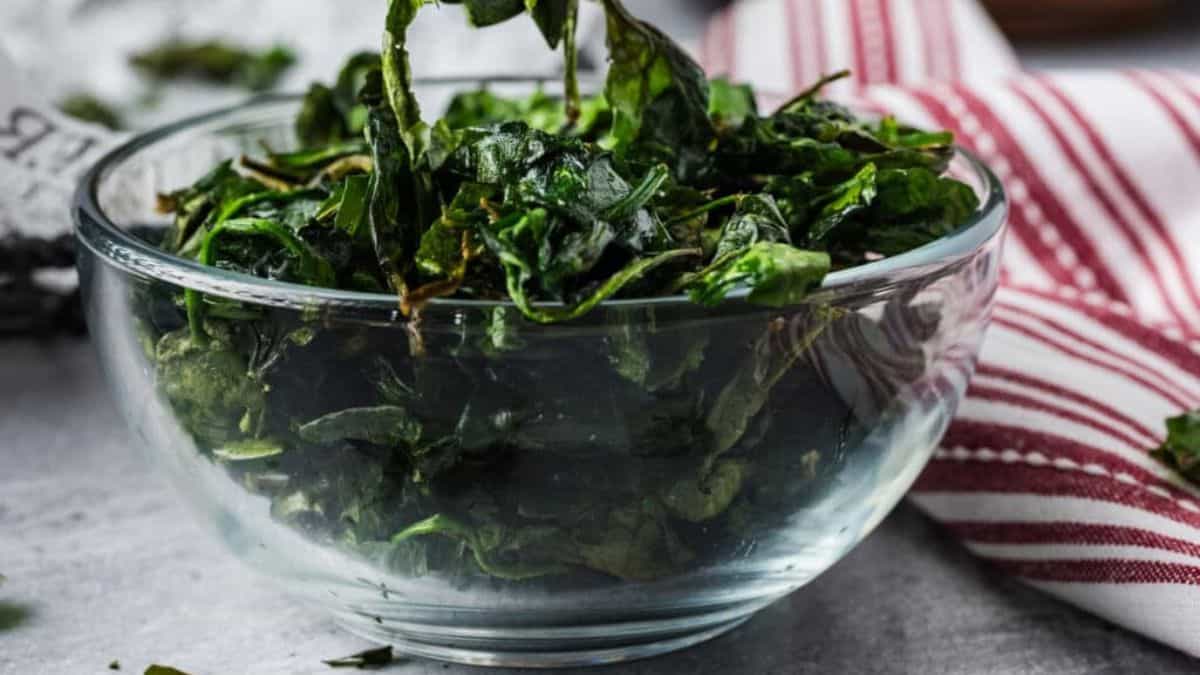 A bowl of air fried spinach.