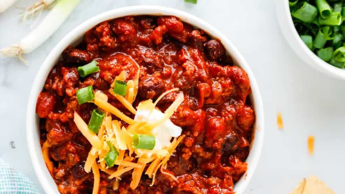 A serving of Crockpot Beef Chili in a bowl.