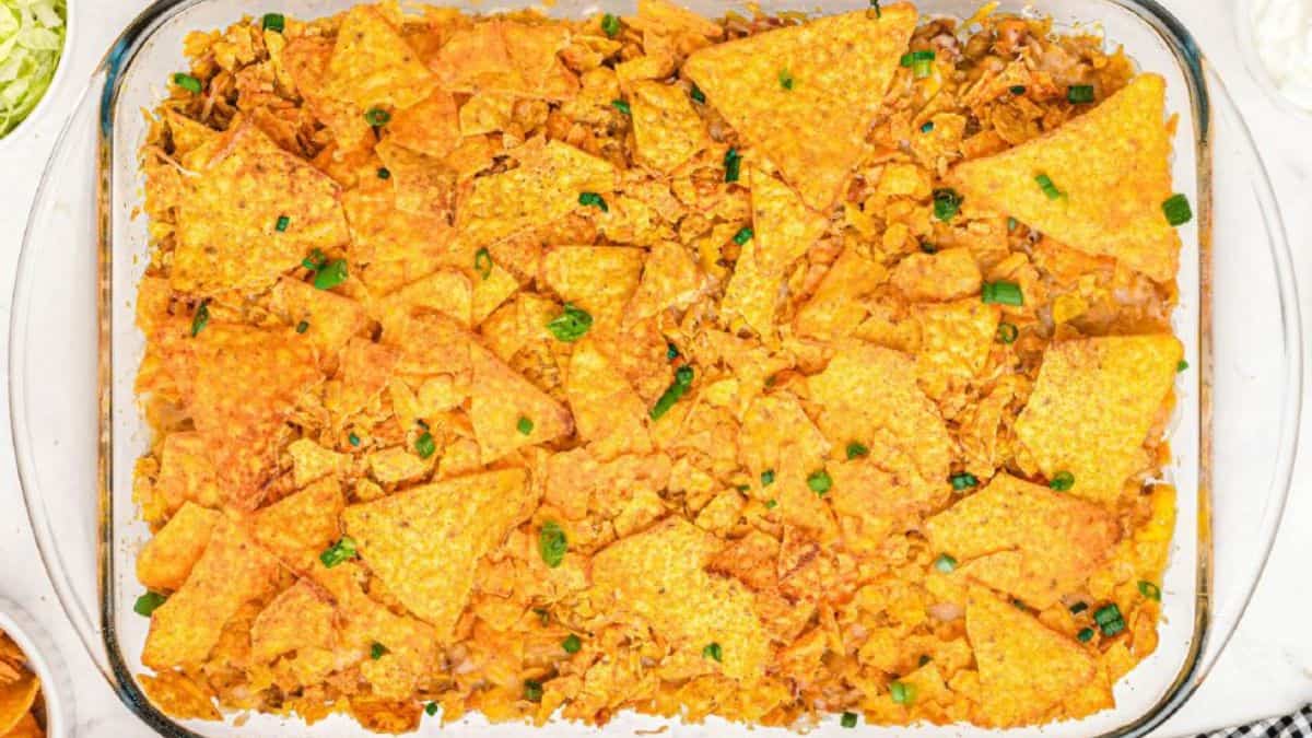 Doritos Taco Casserole in a baking dish.
