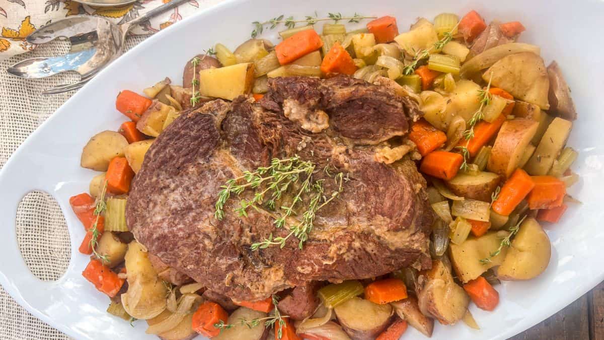 A beautiful plate of Dutch oven pot roast.