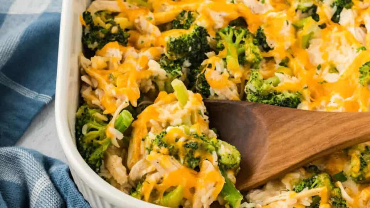 Chicken Broccoli Rice Casserole in a baking dish. 