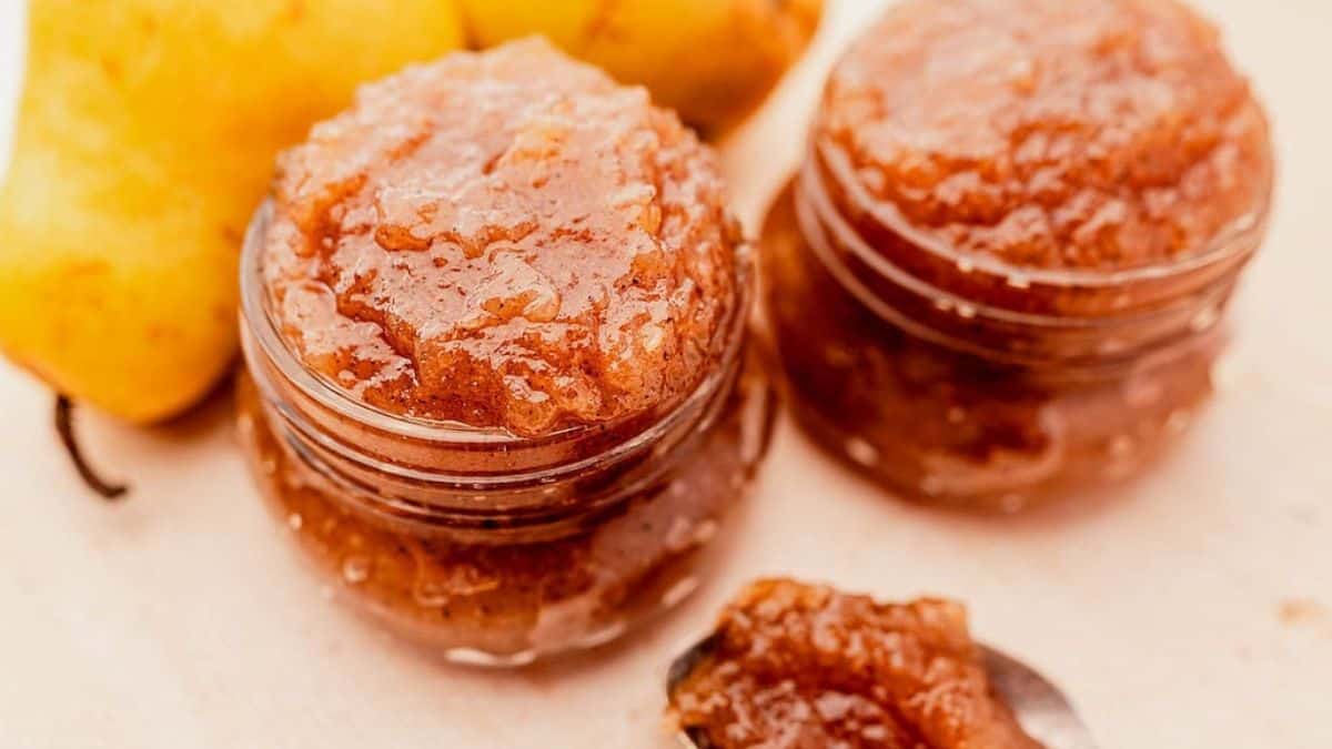 Two jars full of pear jam.