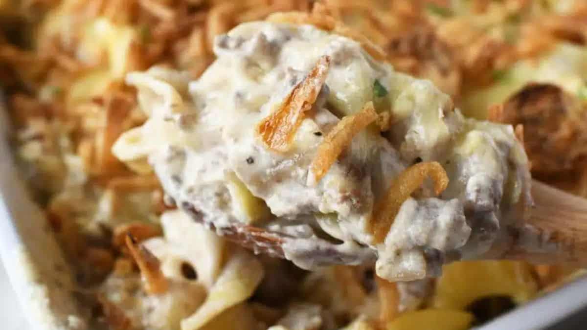 A close-up shot of the French onion ground beef casserole.