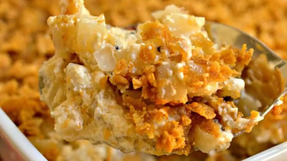 A spoonful of Funeral Potatoes. 