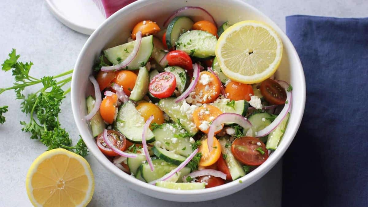 Greek Cucumber Tomato Salad  in a bowl. 