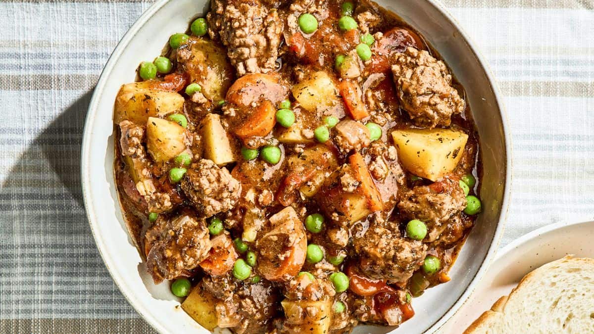 A serving of hamburger stew.