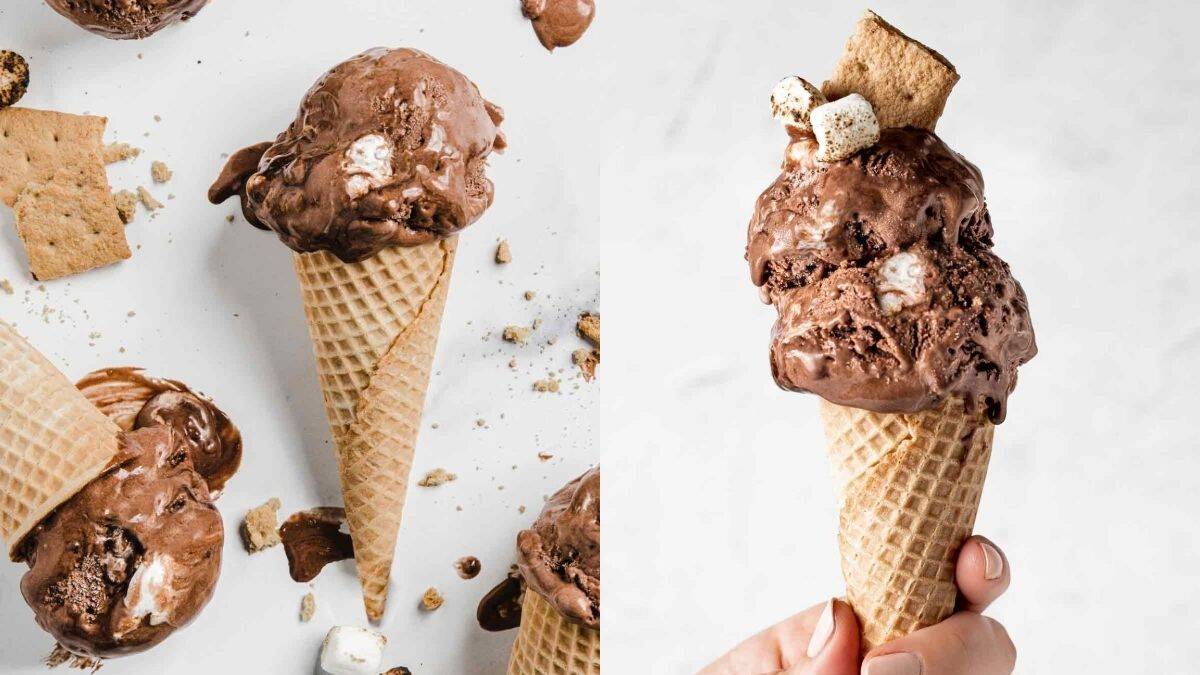 Homemade s'mores ice cream in a cone.