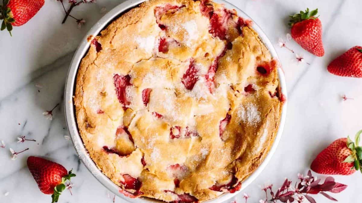 Homemade strawberry cake in a baking dish. 