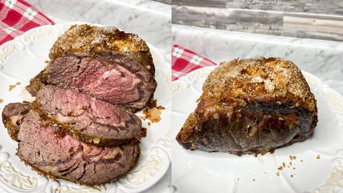 Roasted ribeye served on a plate.
