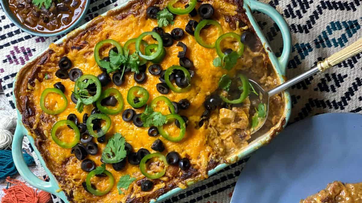 King Ranch Casserole in a baking dish. 