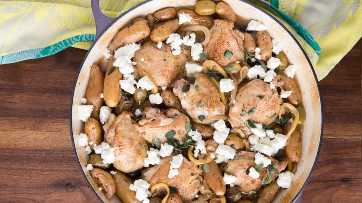 Freshly cooked lemony Greek chicken thighs.