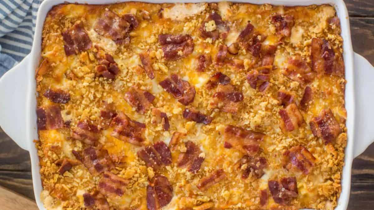 Mac and Cheese Casserole in a baking dish. 