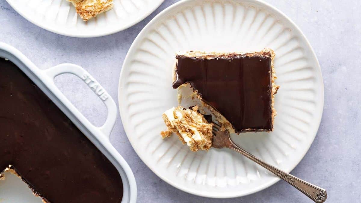A slice of a chocolate eclair cake. 