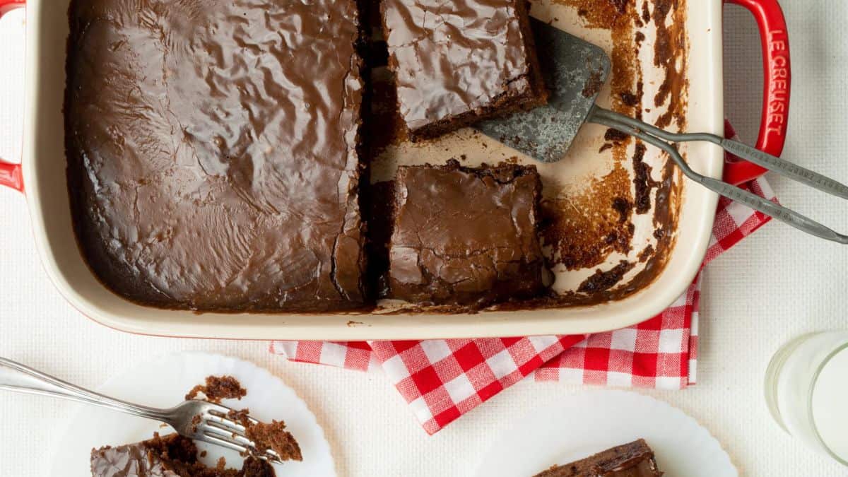 Chocolate Coca-Cola cake in a baking dish. 