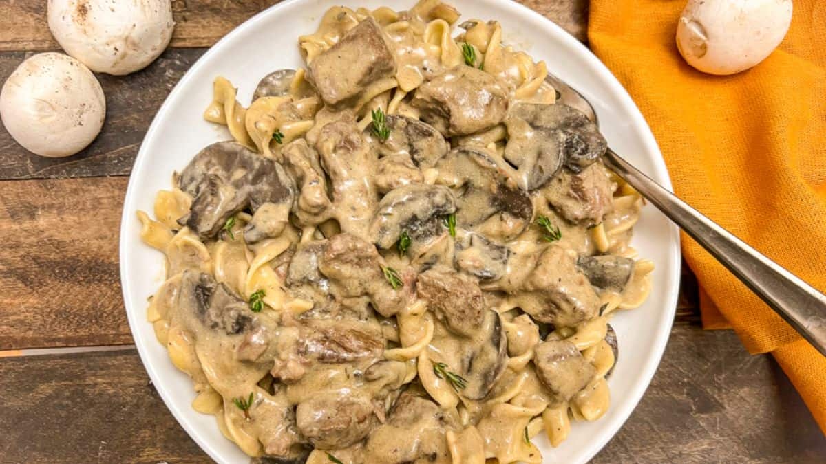A serving of one pot beef stroganoff