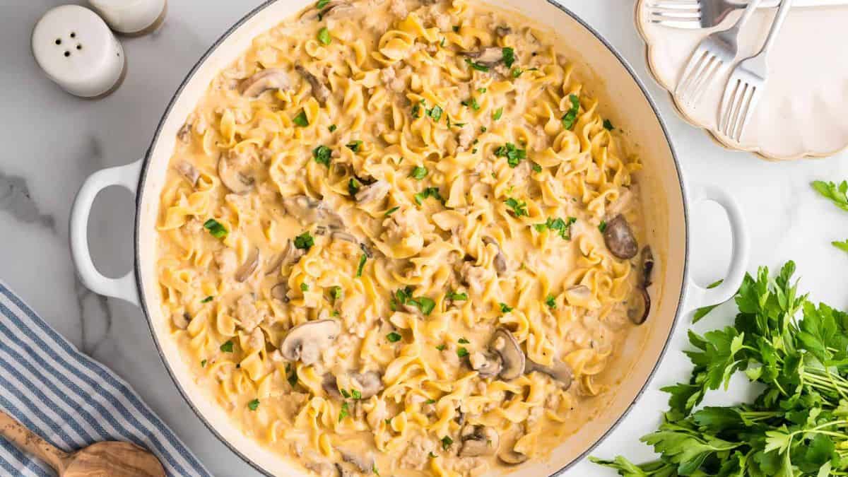 Ground Chicken Stroganoff on a pot.