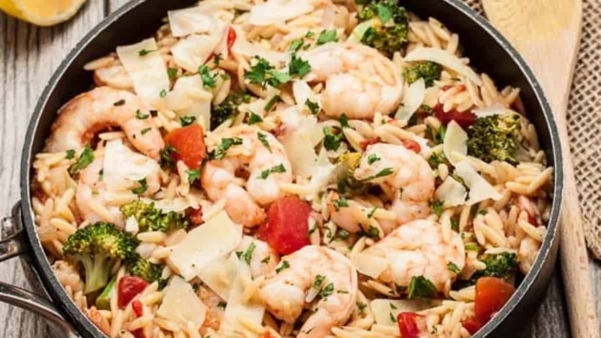 Lemon Orzo with Shrimp in a pot.