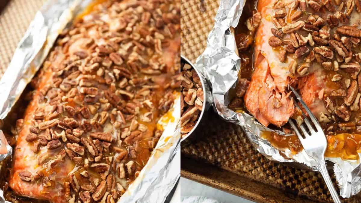 Pecan crusted salmon on a baking dish. 