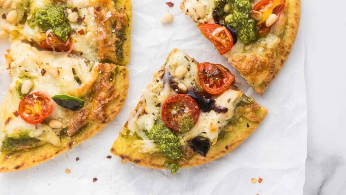 A few slices of pesto chicken flatbread. 