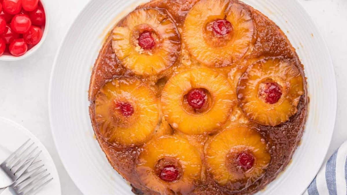 Pineapple Upside Down Cake served on a plate. 