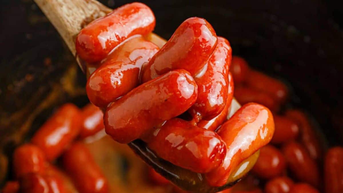 A spoonful of BBQ Little Smokies.