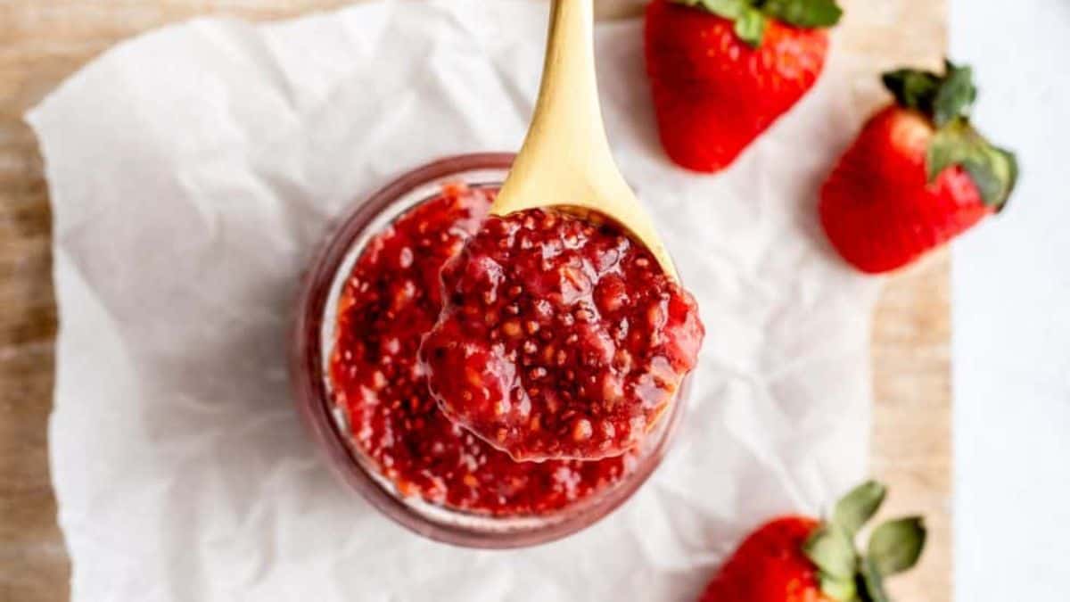 A close-up shot of strawberry chia jam.