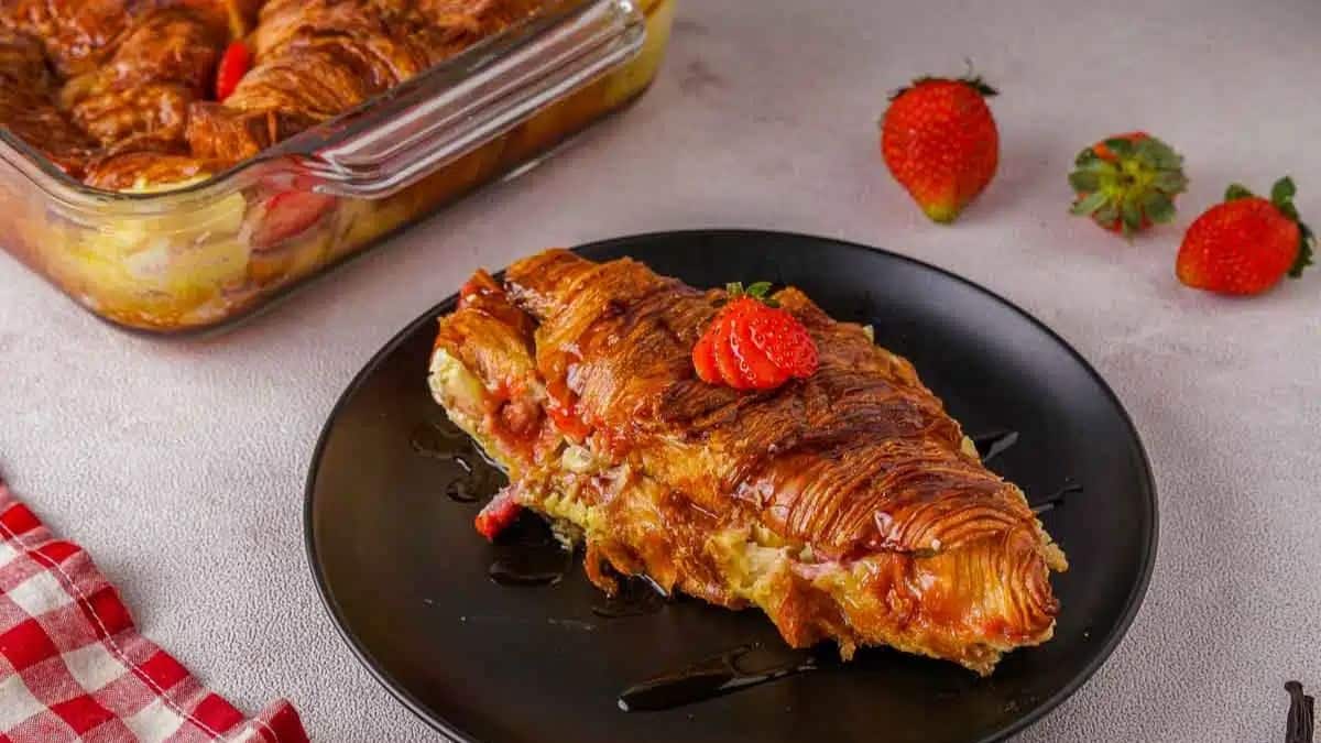 Beautifully plated strawberry cream cheese French toast bake