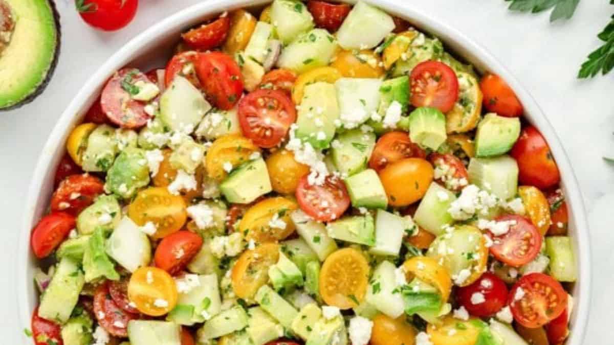 Tomato Cucumber Salad served in a bowl. 