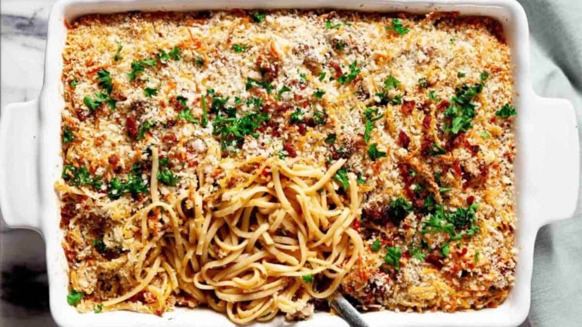 Turkey Tetrazzini in a baking dish. 