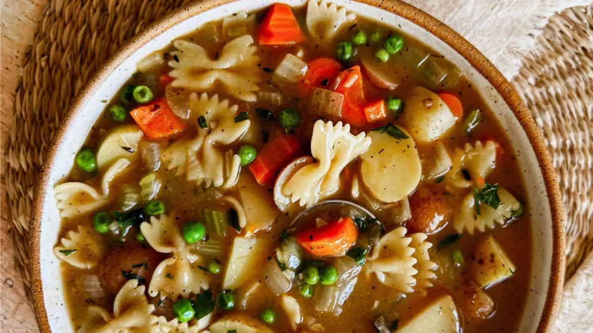 A bowl of vegetable Pennsylvania Dutch pot pie