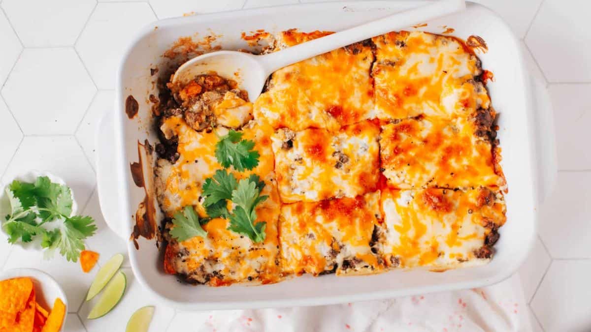 Walking Taco Casserole in a baking dish.