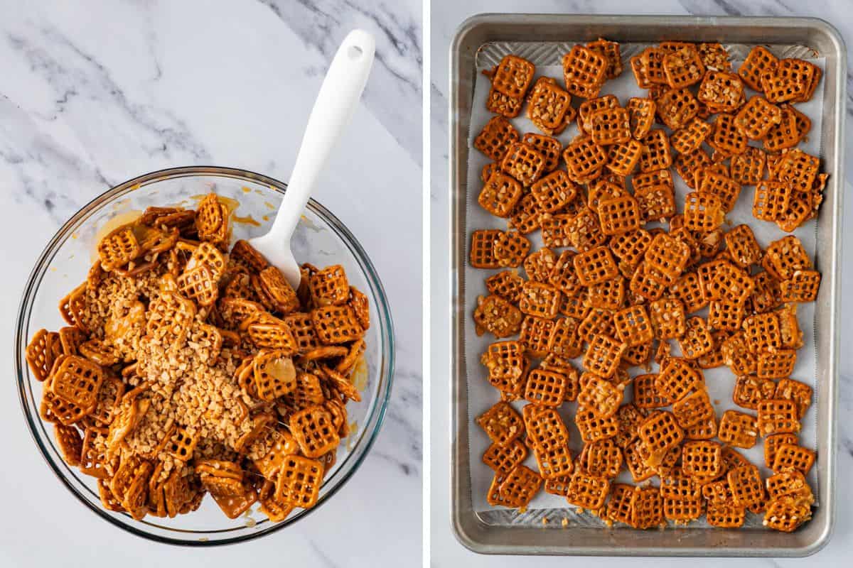 Mixing the toffee onto the pretzels and spreading on a baking tray. 