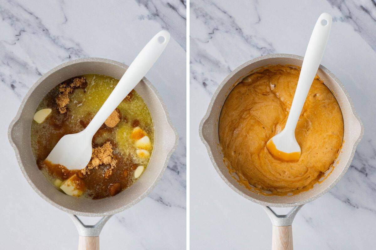 Melting the butter and sugar to make the toffee for the pretzels. 