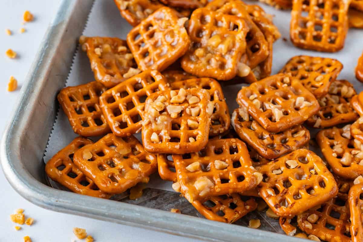 A closeup of the butter toffee pretzels on a tray. 