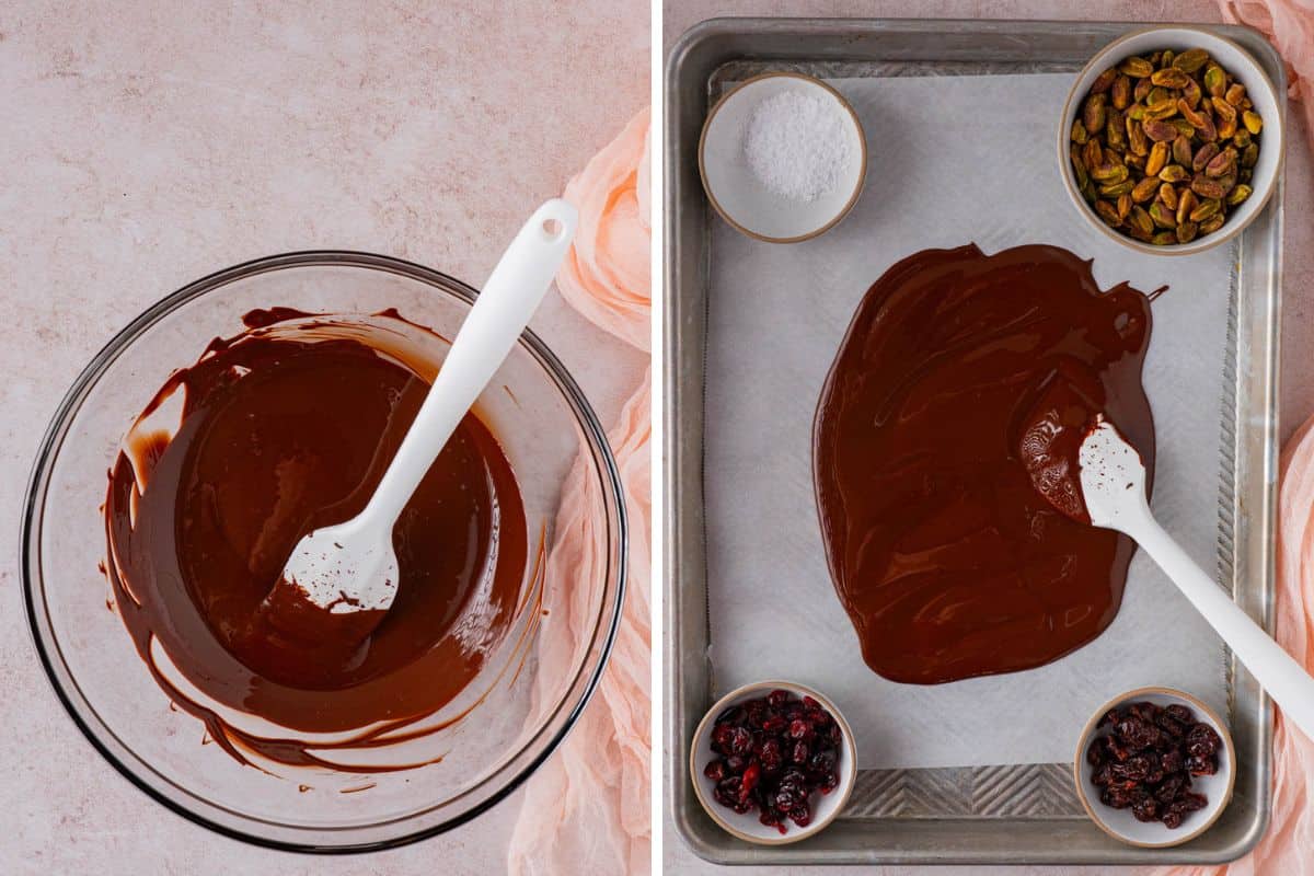 Melting the chocolate in a large mixing bowl and spreading the melted chocolate in a rimmed baking tray with parchment paper