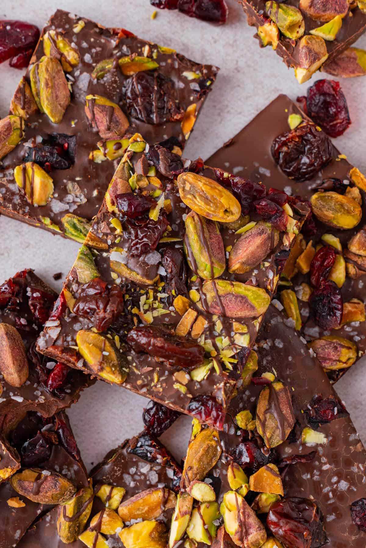 Chocolate Pistachio Cranberry Bark icut in squares