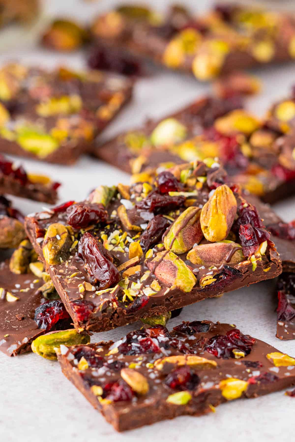 A perfect square  of Chocolate Pistachio Cranberry Bark