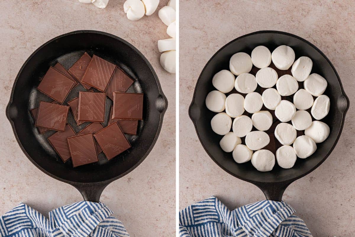 chocolates on the skillet and with layer of white marshmallow on the other side.