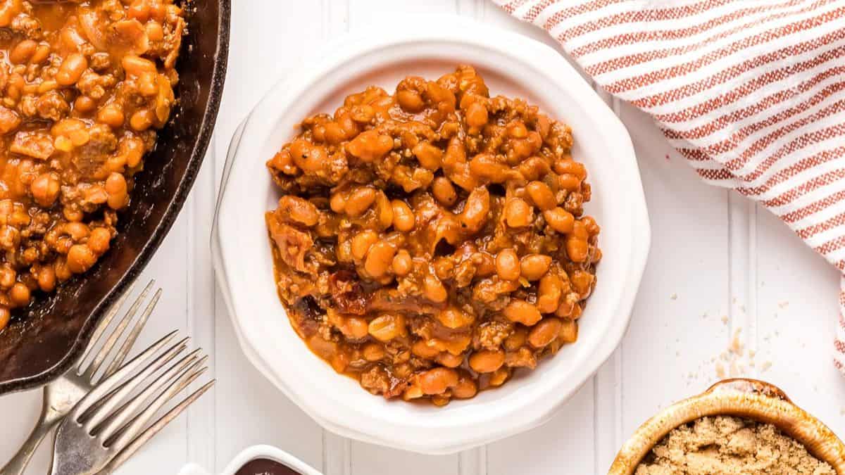 Baked Beans with Ground Beef served on a plate.