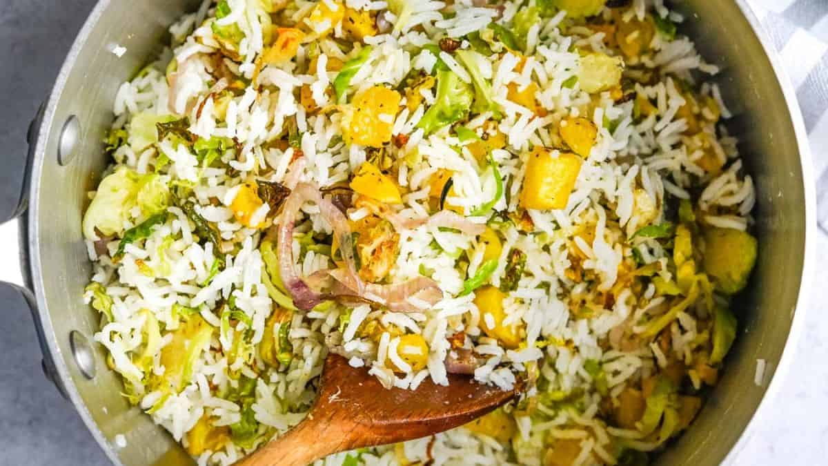 Basmati Rice Pilaf with Roasted Fall Vegetables in a pot.