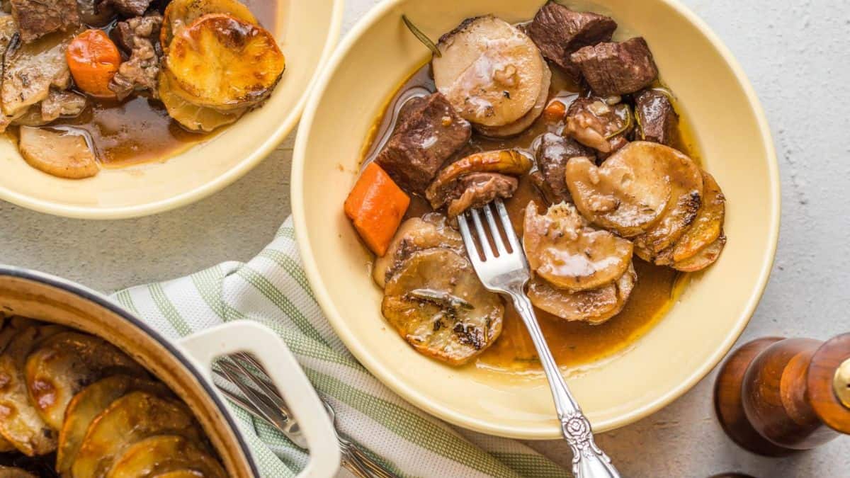 Beef and Potato Bake served in a bowl. 