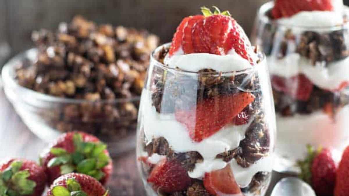A couple of servings of Breakfast Parfaits with Homemade Dark Chocolate.