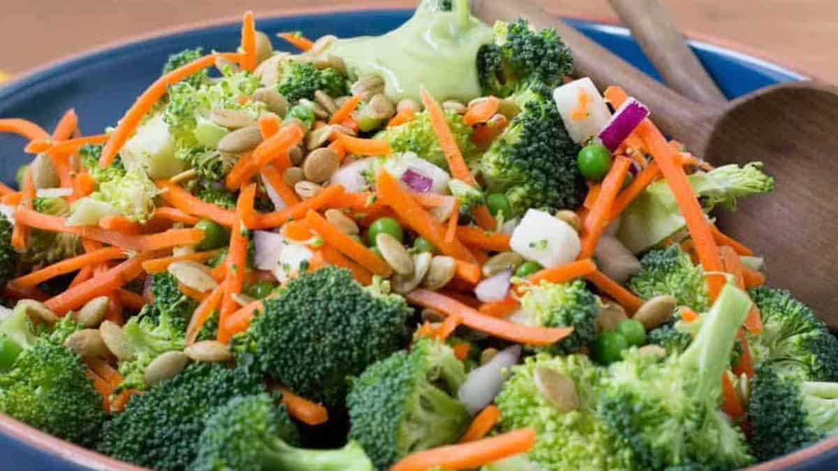 Freshly made broccoli jicama salad with zingy avocado dressing