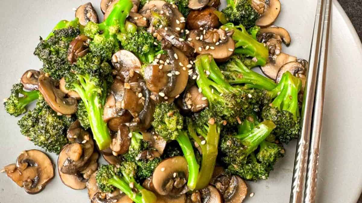 A healthy plate of broccoli and mushroom stir-fry