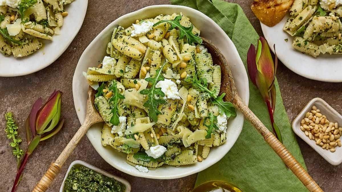 Cavatelli with Arugula Pesto served in a bowl.