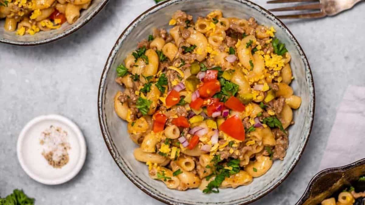 Cheeseburger Casserole&nbsp;served in a bowl.