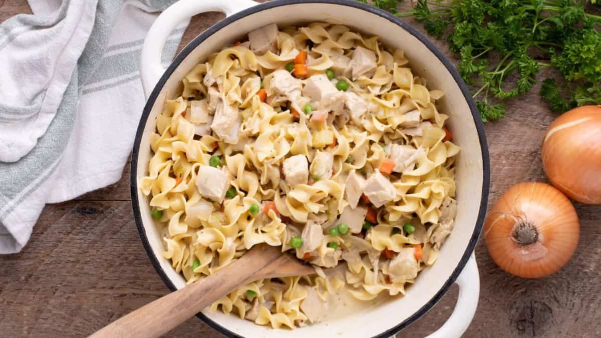 Chicken Pot Pie Pasta in a pot.